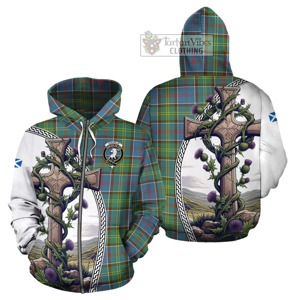 Tartan Vibes Clothing Colville Tartan Cotton Hoodie with Family Crest and St. Andrew's Cross Accented by Thistle Vines
