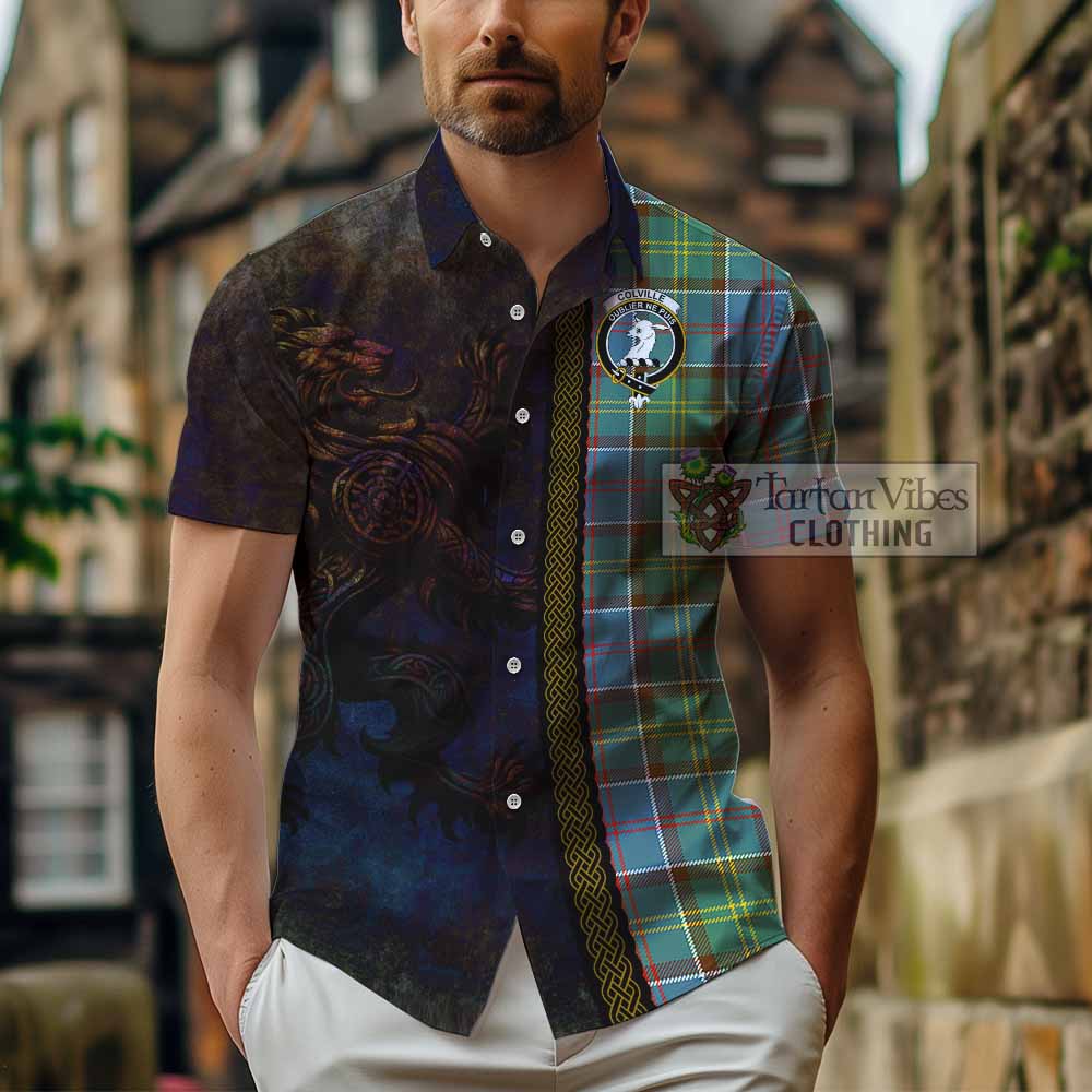 Tartan Vibes Clothing Colville Tartan Family Crest Short Sleeve Button Shirt Alba Gu Brath Be Brave Lion Ancient Style
