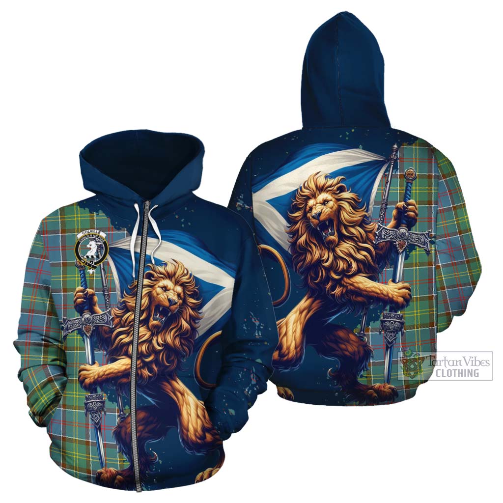 Tartan Vibes Clothing Colville Tartan Family Crest Cotton Hoodie with Scottish Majestic Lion