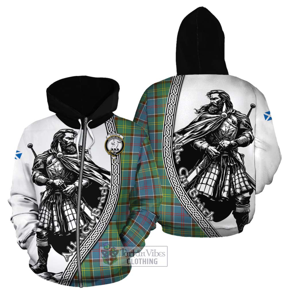Tartan Vibes Clothing Colville Tartan Clan Crest Cotton Hoodie with Highlander Warrior Celtic Style