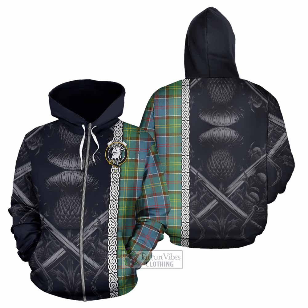 Tartan Vibes Clothing Colville Tartan Hoodie with Family Crest Cross Sword Thistle Celtic Vibes
