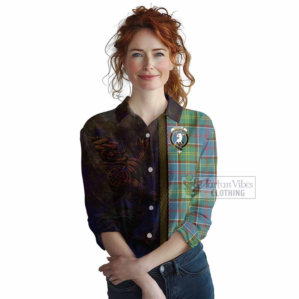 Tartan Vibes Clothing Colville Tartan Family Crest Women's Casual Shirt Alba Gu Brath Be Brave Lion Ancient Style