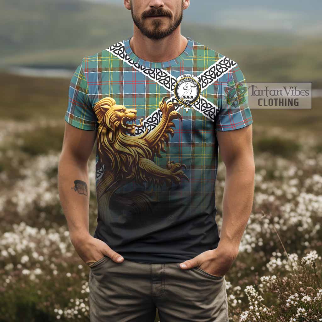 Tartan Vibes Clothing Colville Crest Tartan T-Shirt with Golden Lion Emblem Celtic Style