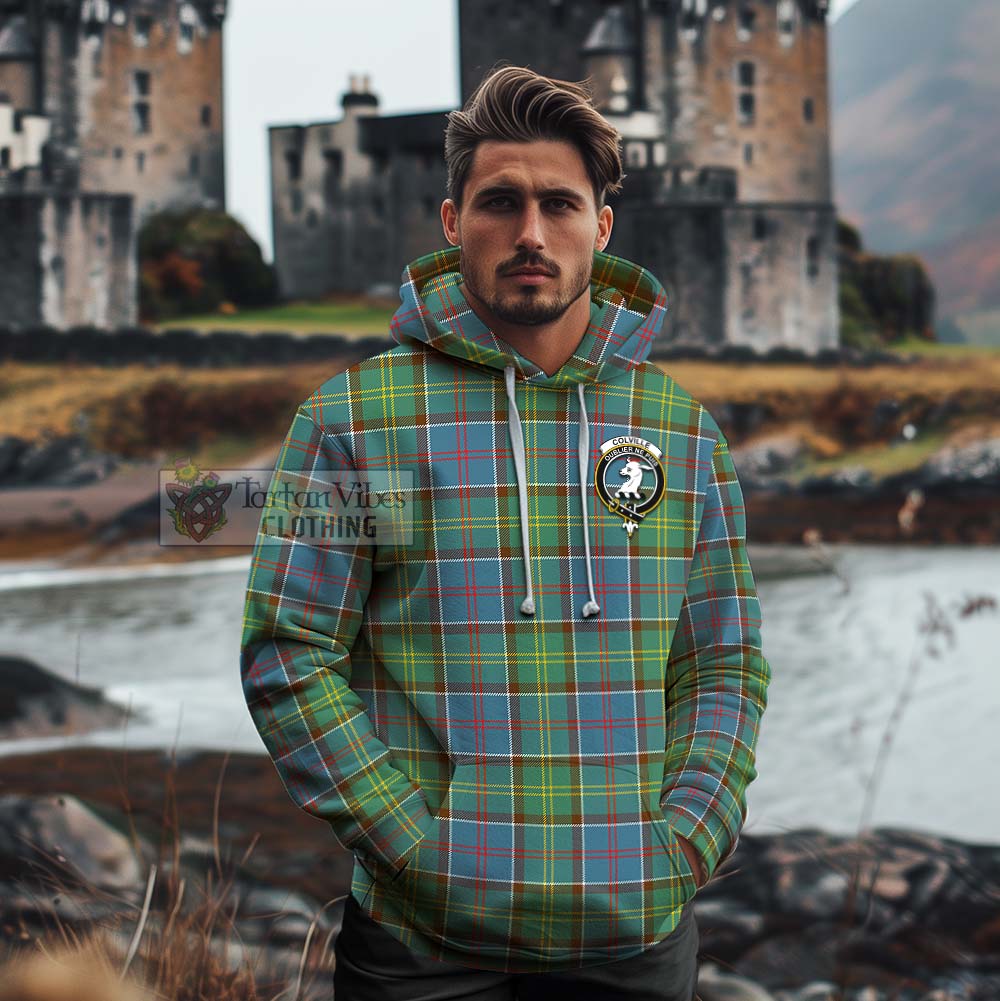 Tartan Vibes Clothing Colville Tartan Cotton Hoodie with Family Crest and Bearded Skull Holding Bottles of Whiskey