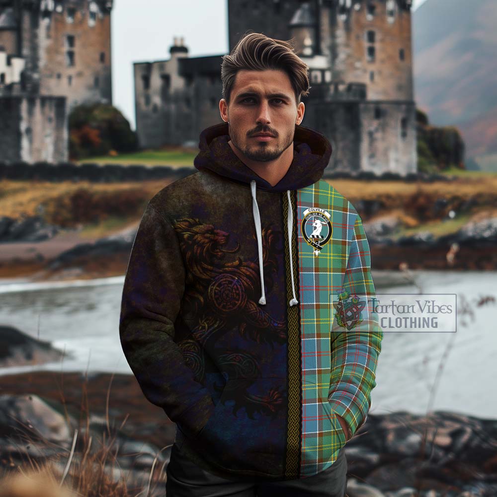 Tartan Vibes Clothing Colville Tartan Family Crest Cotton Hoodie Alba Gu Brath Be Brave Lion Ancient Style