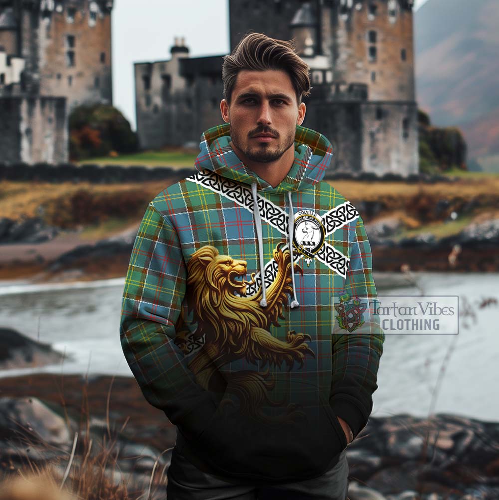 Tartan Vibes Clothing Colville Crest Tartan Cotton Hoodie with Golden Lion Emblem Celtic Style
