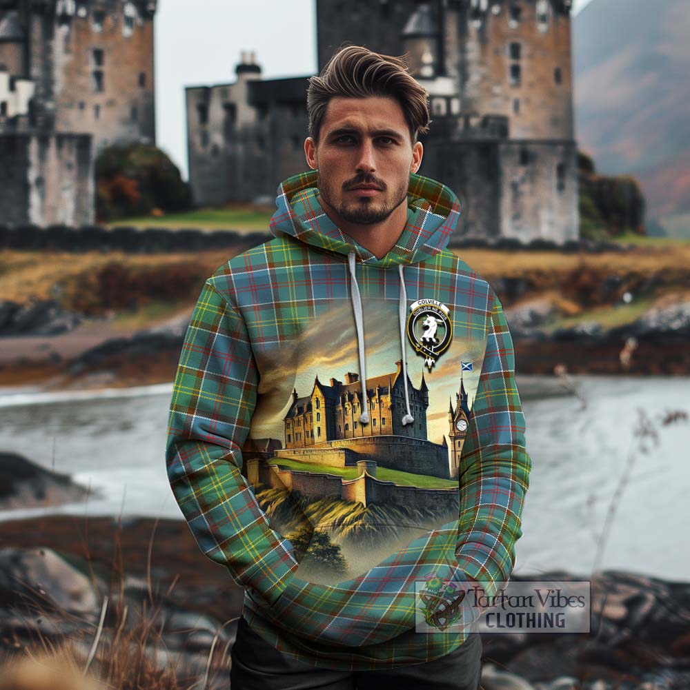 Tartan Vibes Clothing Colville Tartan Family Crest Cotton Hoodie with Scottish Ancient Castle Style