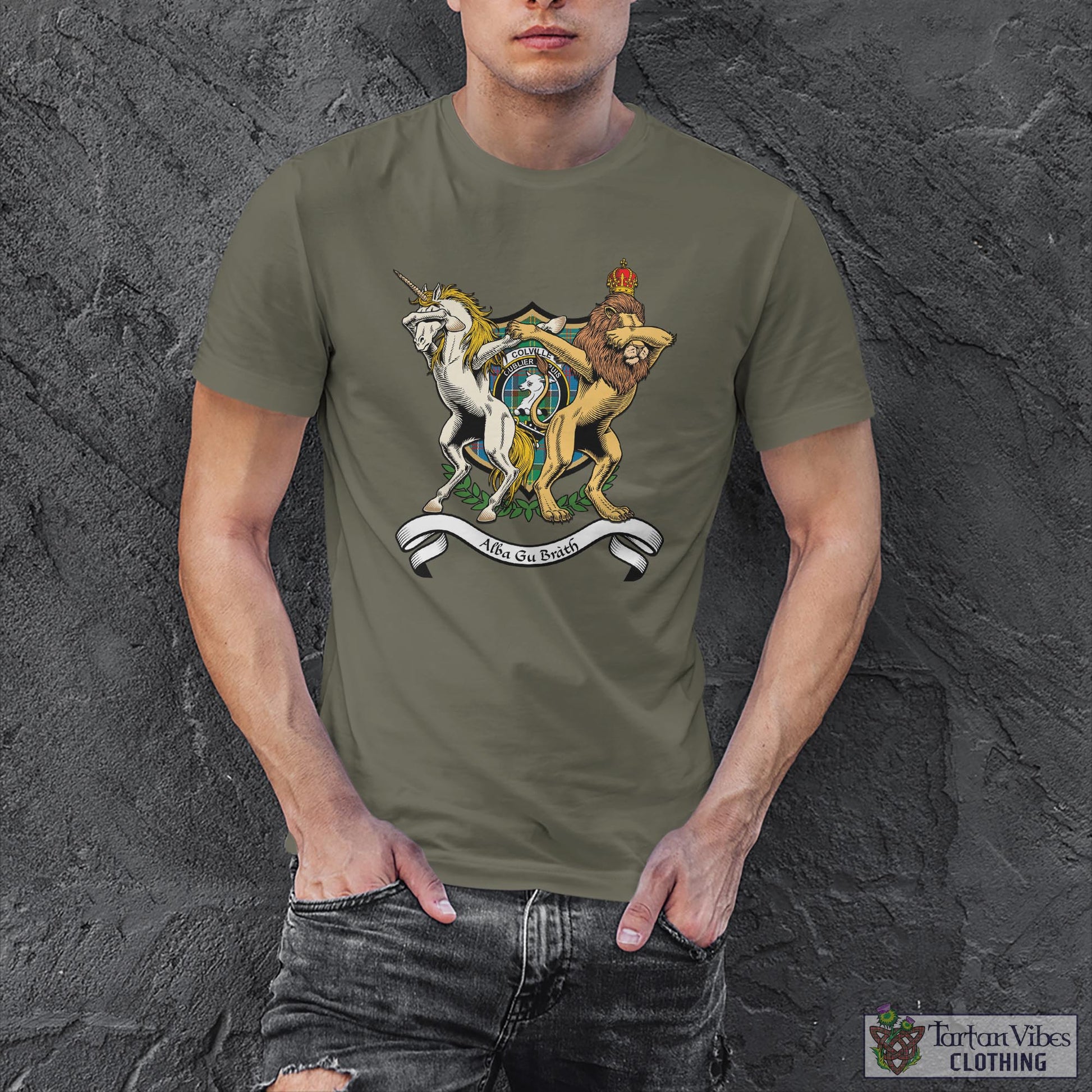 Tartan Vibes Clothing Colville Family Crest Cotton Men's T-Shirt with Scotland Royal Coat Of Arm Funny Style