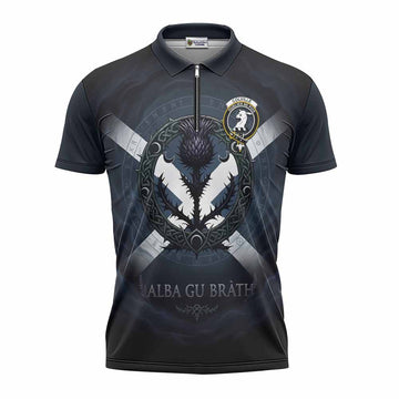 Colville Clan Crest Zipper Polo Shirt with Celtic Knot Thistle and Saltire