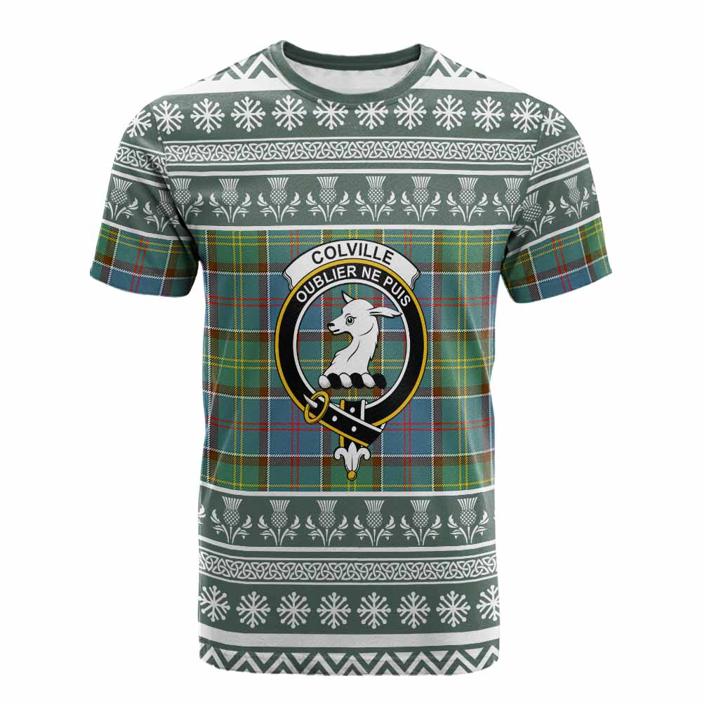 Colville Clan Tartan Christmas Cotton T-shirt with Family Crest - Tartan Vibes Clothing