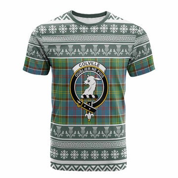 Colville Clan Tartan Christmas Cotton T-shirt with Family Crest
