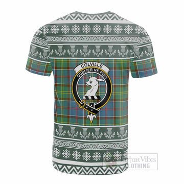 Colville Clan Tartan Christmas Cotton T-shirt with Family Crest