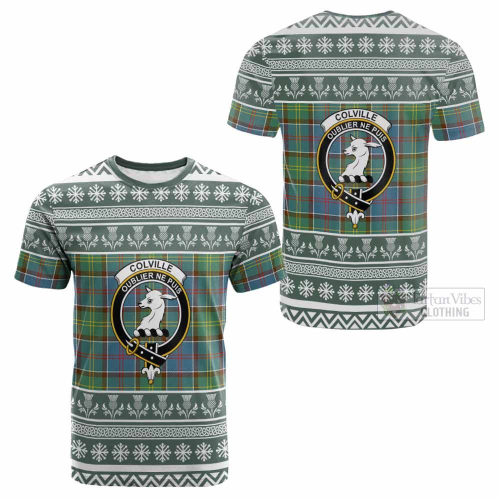 Colville Clan Tartan Christmas Cotton T-shirt with Family Crest - Tartan Vibes Clothing