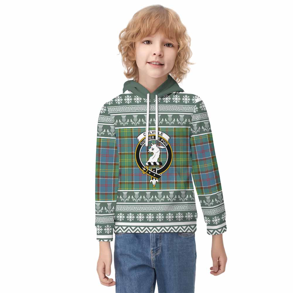 Colville Clan Tartan Christmas Kid Hoodie with Family Crest - Tartan Vibes Clothing