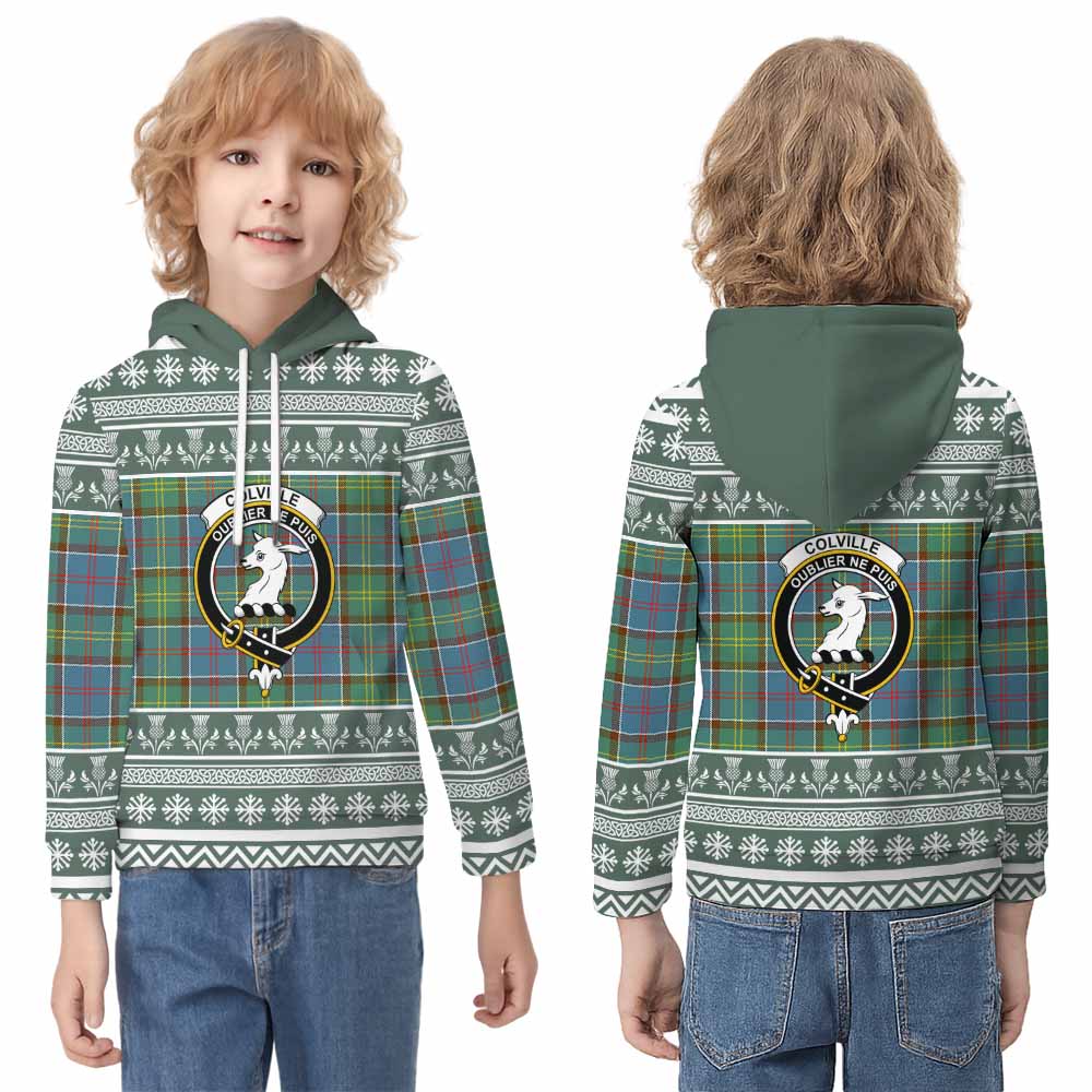 Colville Clan Tartan Christmas Kid Hoodie with Family Crest - Tartan Vibes Clothing