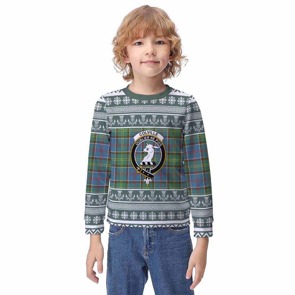Colville Clan Tartan Christmas Kid Ugly Sweatshirt with Family Crest - Tartan Vibes Clothing