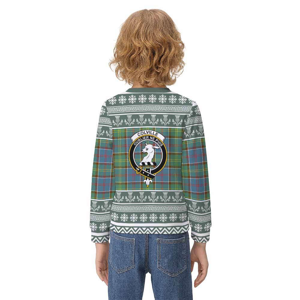 Colville Clan Tartan Christmas Kid Ugly Sweatshirt with Family Crest - Tartan Vibes Clothing