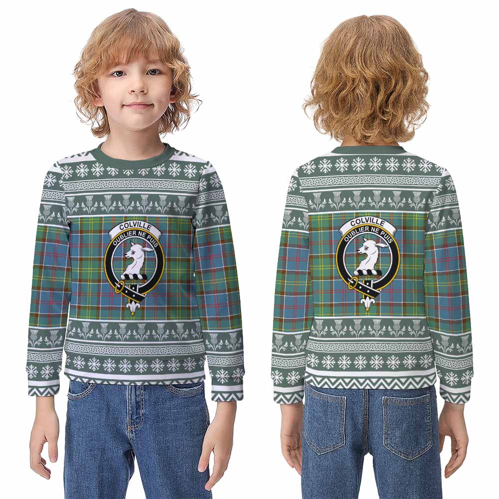 Colville Clan Tartan Christmas Kid Ugly Sweatshirt with Family Crest - Tartan Vibes Clothing