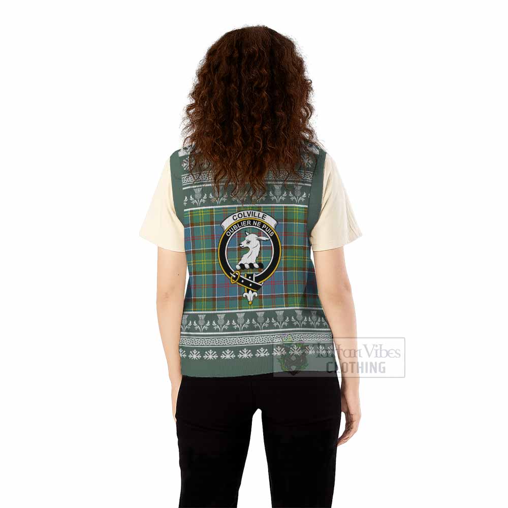 Colville Clan Tartan Christmas Knitted V-Neck Vest with Family Crest - Tartan Vibes Clothing