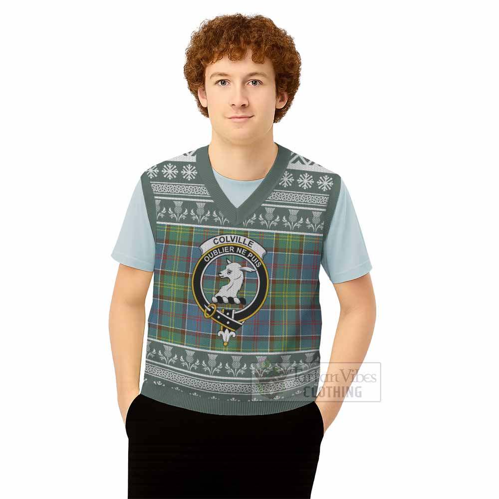Colville Clan Tartan Christmas Knitted V-Neck Vest with Family Crest - Tartan Vibes Clothing