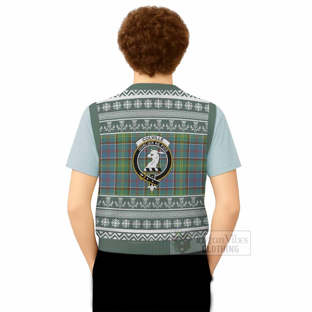 Colville Clan Tartan Christmas Knitted V-Neck Vest with Family Crest - Tartan Vibes Clothing