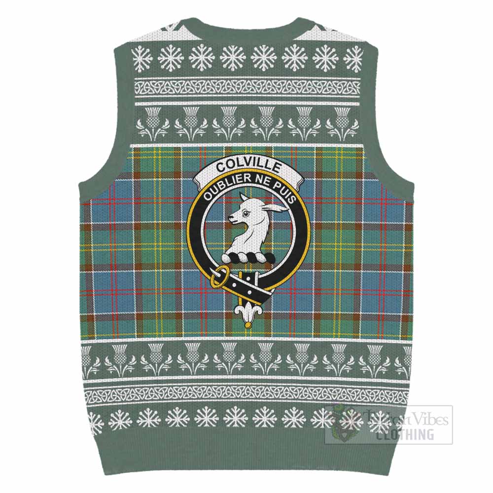 Colville Clan Tartan Christmas Knitted V-Neck Vest with Family Crest - Tartan Vibes Clothing