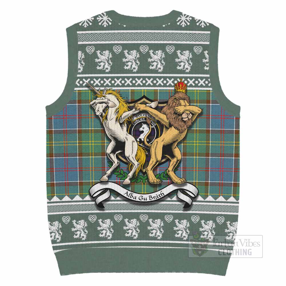 Colville Clan Tartan Crest Christmas Knitted V-Neck Vest Coat of Arms Funny Style - Tartan Vibes Clothing