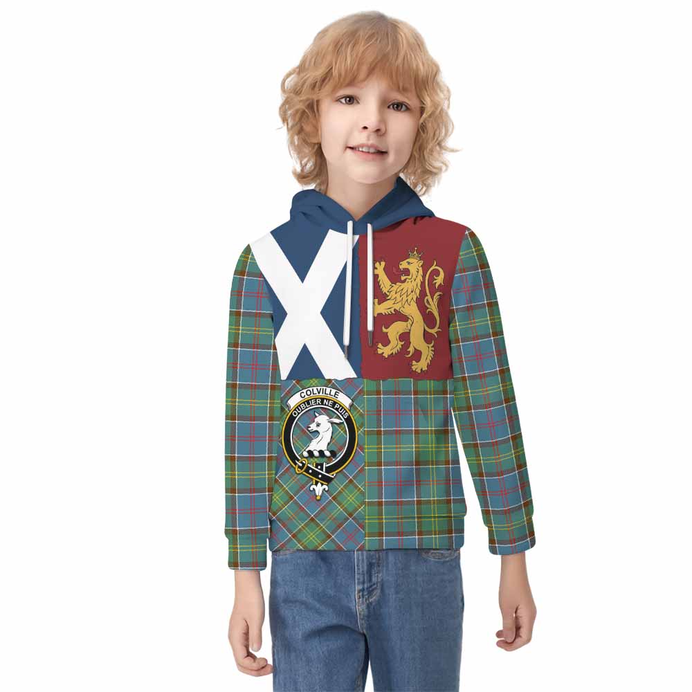 Colville Crest Tartan Kid Hoodie with Lion Rampant Saltire Style - Tartan Vibes Clothing