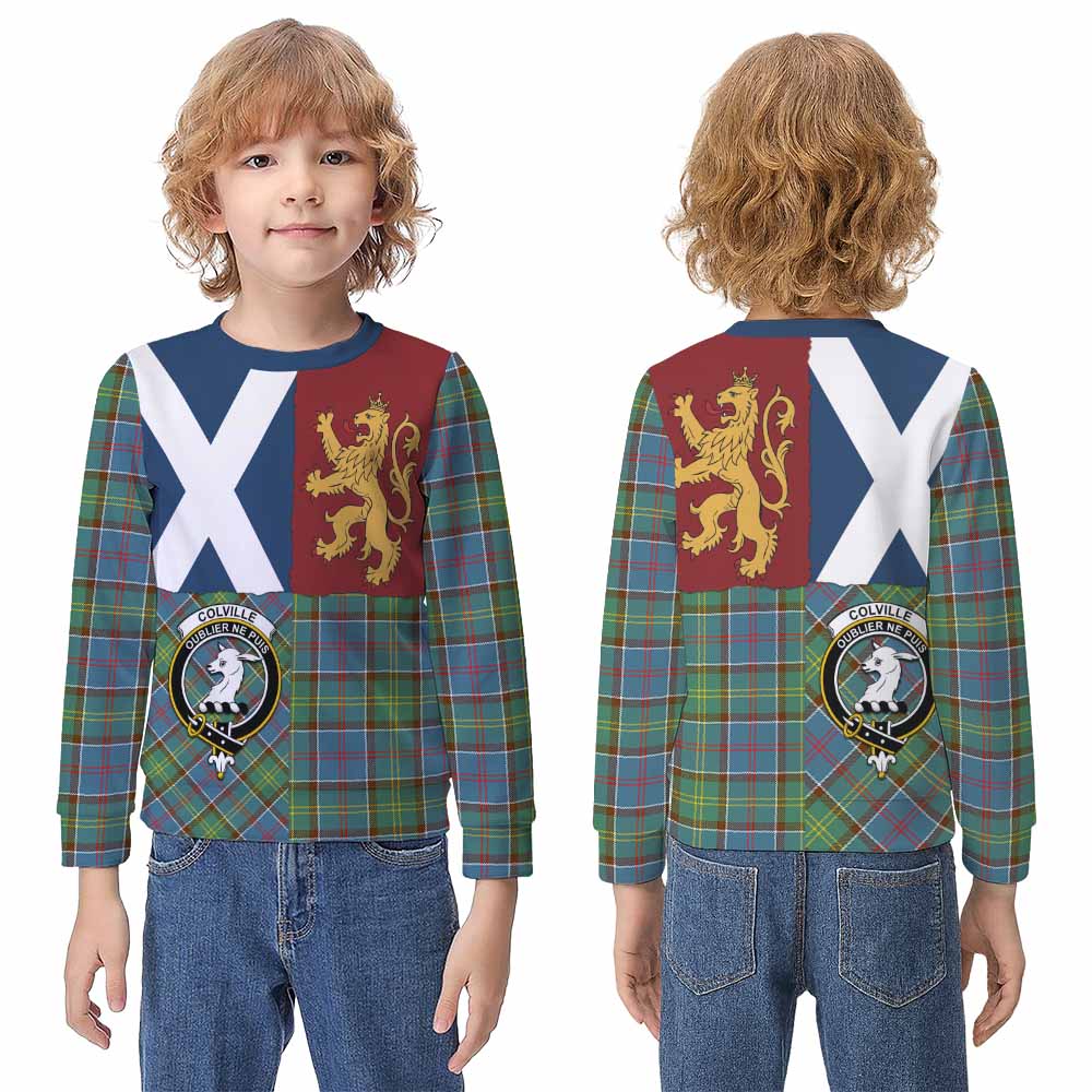 Colville Crest Tartan Kid Knitted Sweatshirt with Lion Rampant Saltire Style - Tartan Vibes Clothing