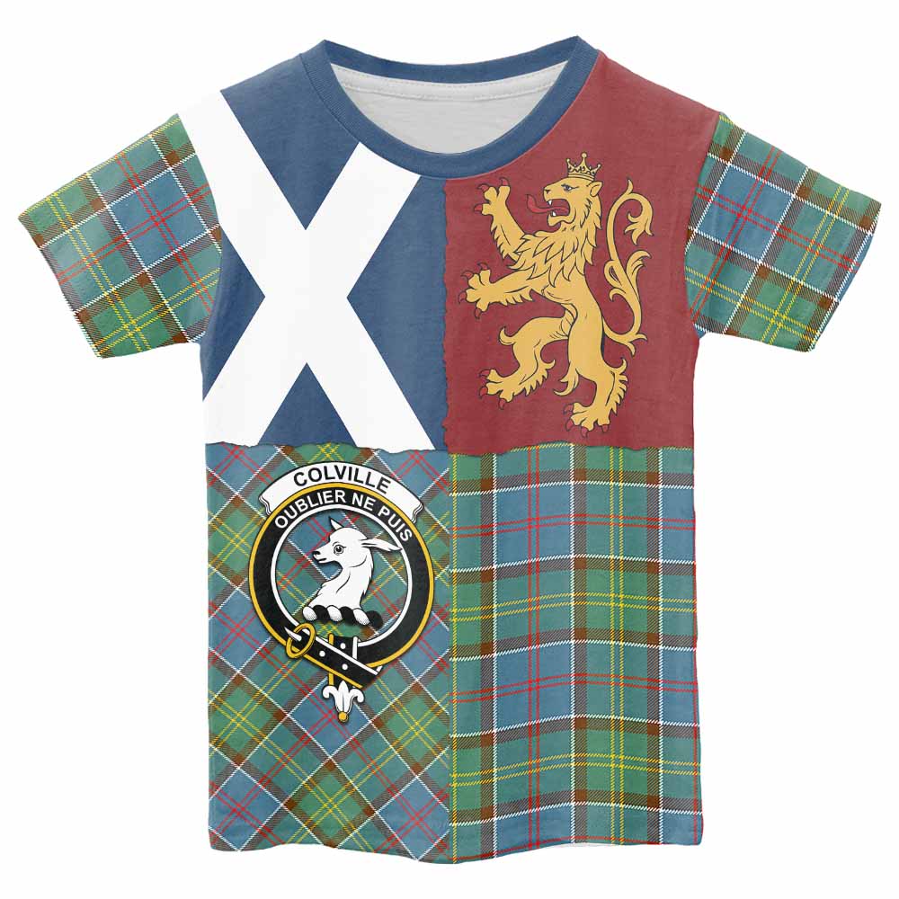 Colville Crest Tartan Kid T-shirt with Lion Rampant Saltire Style - Tartan Vibes Clothing