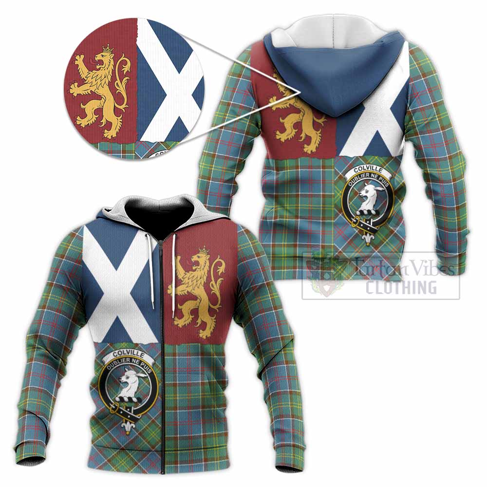 Colville Crest Tartan Knitted Hoodie with Lion Rampant Saltire Style
