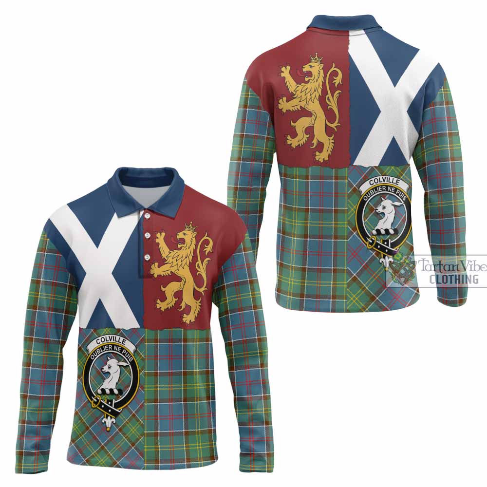 Colville Crest Tartan Long Sleeve Polo Shirt with Lion Rampant Saltire Style