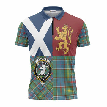 Colville Crest Tartan Zipper Polo Shirt with Lion Rampant Saltire Style