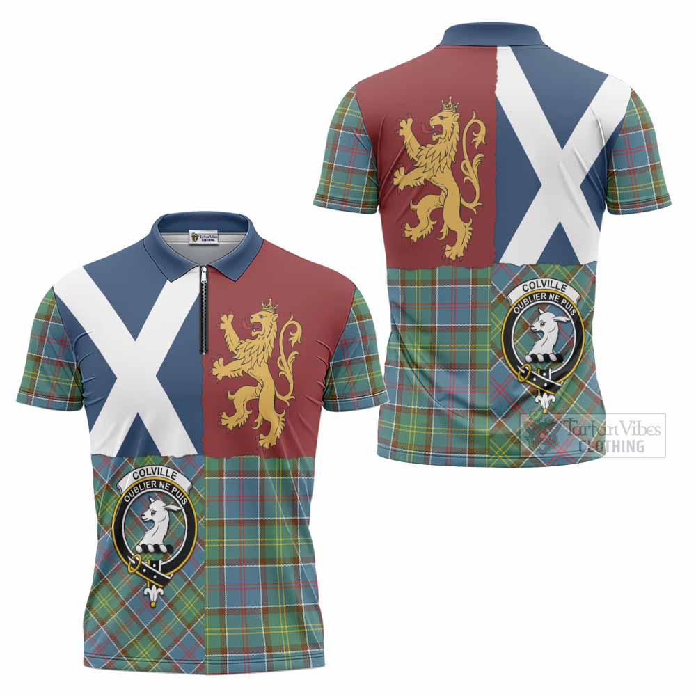 Colville Crest Tartan Zipper Polo Shirt with Lion Rampant Saltire Style