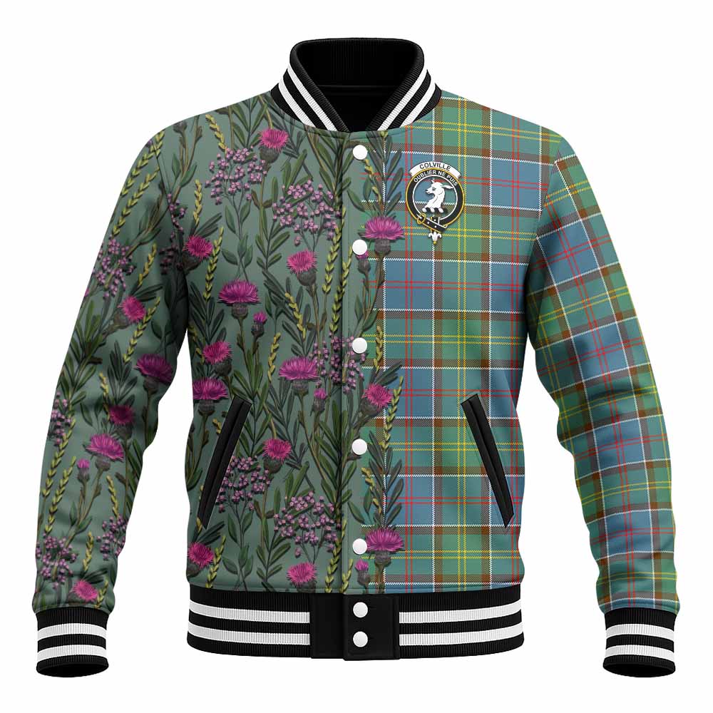 Colville Family Crest Tartan Baseball Jacket Scottish Thistle Flower Pattern Half Style - Tartan Vibes Clothing