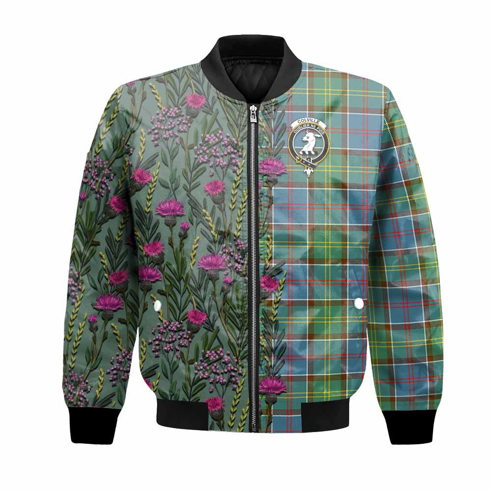 Colville Family Crest Tartan Bomber Jacket Scottish Thistle Flower Pattern Half Style - Tartan Vibes Clothing