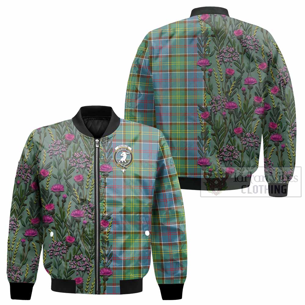 Colville Family Crest Tartan Bomber Jacket Scottish Thistle Flower Pattern Half Style - Tartan Vibes Clothing