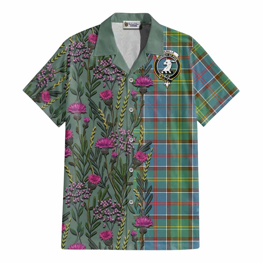 Colville Family Crest Tartan Cotton Hawaiian Shirt Scottish Thistle Flower Pattern Half Style - Tartan Vibes Clothing