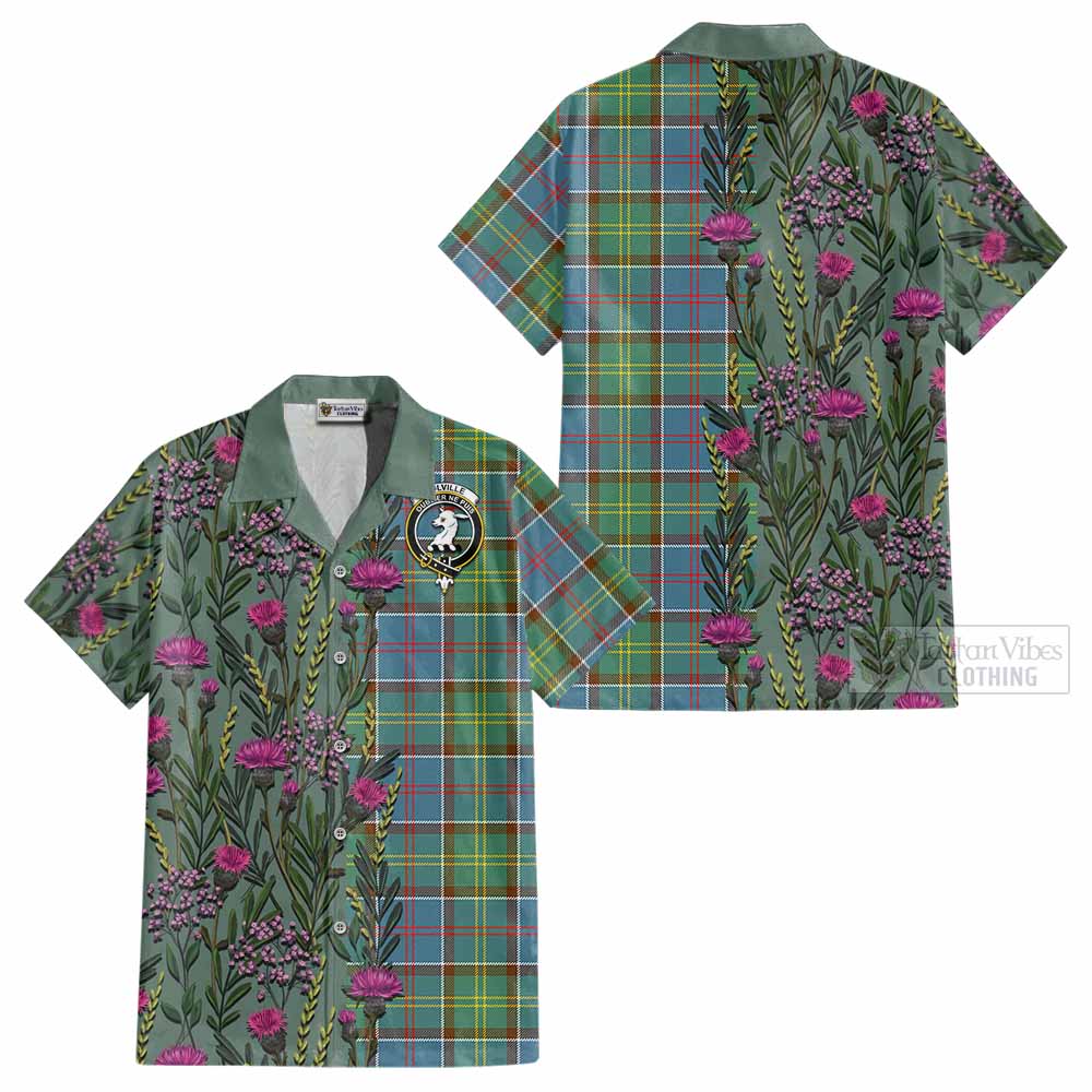 Colville Family Crest Tartan Cotton Hawaiian Shirt Scottish Thistle Flower Pattern Half Style - Tartan Vibes Clothing