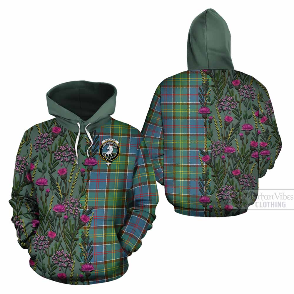 Colville Family Crest Tartan Cotton Hoodie Scottish Thistle Flower Pattern Half Style - Tartan Vibes Clothing