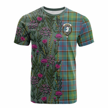 Colville Family Crest Tartan Cotton T-shirt Scottish Thistle Flower Pattern Half Style