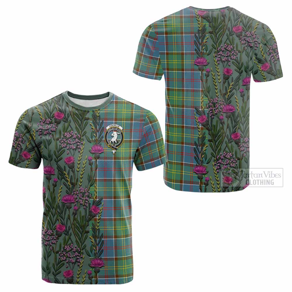 Colville Family Crest Tartan Cotton T-shirt Scottish Thistle Flower Pattern Half Style - Tartan Vibes Clothing