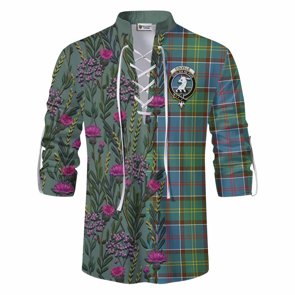 Colville Family Crest Tartan Ghillie Shirt Scottish Thistle Flower Pattern Half Style - Tartan Vibes Clothing
