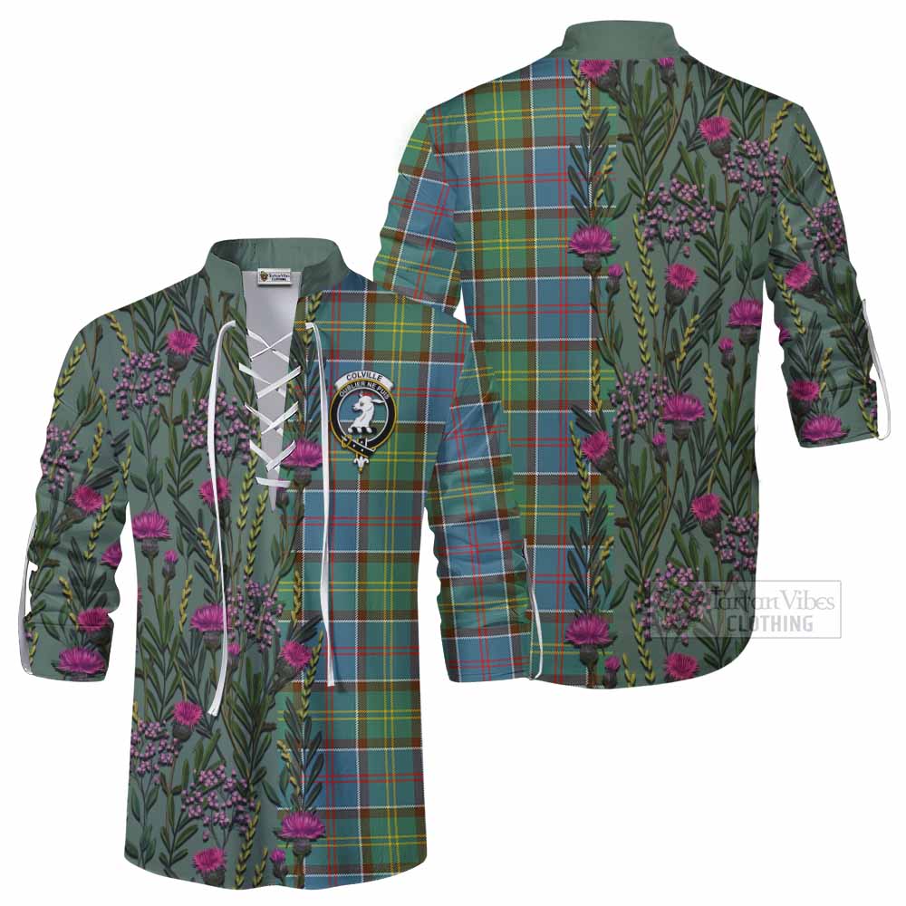 Colville Family Crest Tartan Ghillie Shirt Scottish Thistle Flower Pattern Half Style - Tartan Vibes Clothing