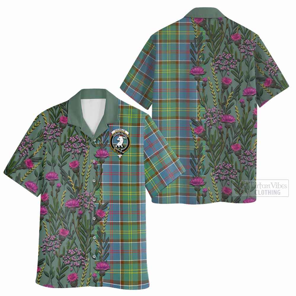 Colville Family Crest Tartan Hawaiian Shirt Scottish Thistle Flower Pattern Half Style - Tartan Vibes Clothing