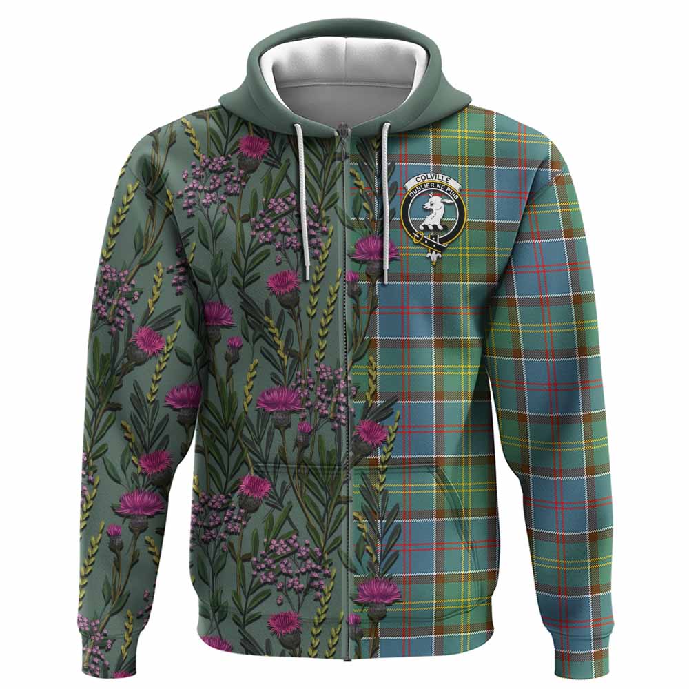 Colville Family Crest Tartan Hoodie Scottish Thistle Flower Pattern Half Style - Tartan Vibes Clothing