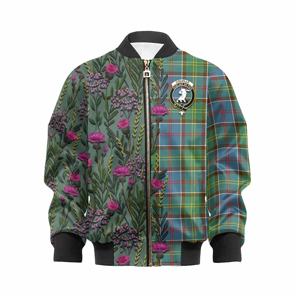 Colville Family Crest Tartan Kid Bomber Jacket Scottish Thistle Flower Pattern Half Style - Tartan Vibes Clothing