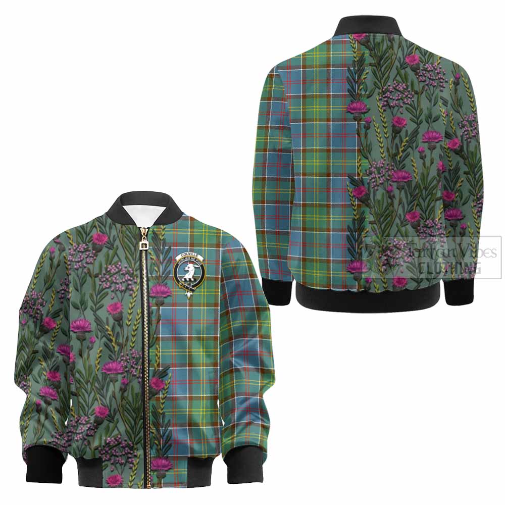 Colville Family Crest Tartan Kid Bomber Jacket Scottish Thistle Flower Pattern Half Style - Tartan Vibes Clothing