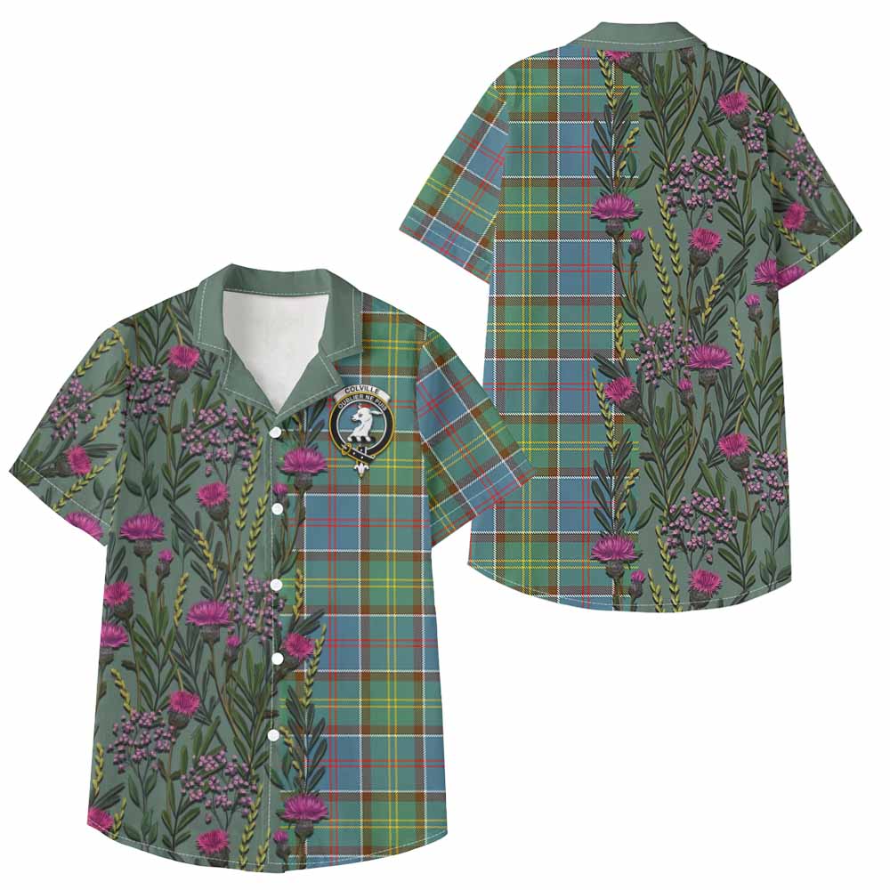 Colville Family Crest Tartan Kid Hawaiian Shirt Scottish Thistle Flower Pattern Half Style - Tartan Vibes Clothing
