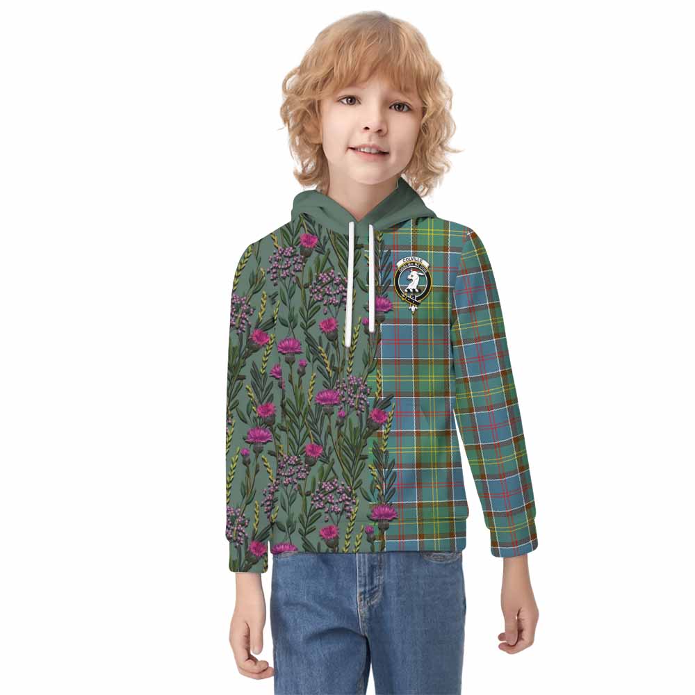 Colville Family Crest Tartan Kid Hoodie Scottish Thistle Flower Pattern Half Style - Tartan Vibes Clothing